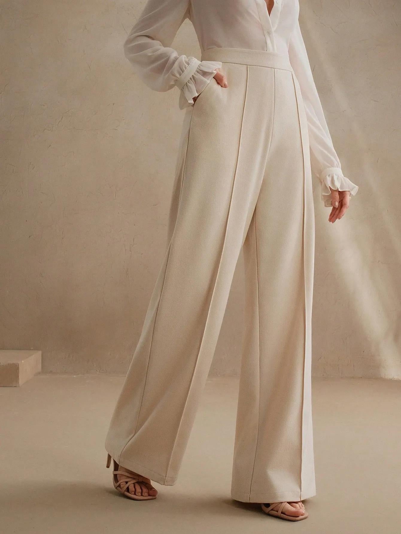 High-Waisted Beige Wide-Leg Pleated Trousers