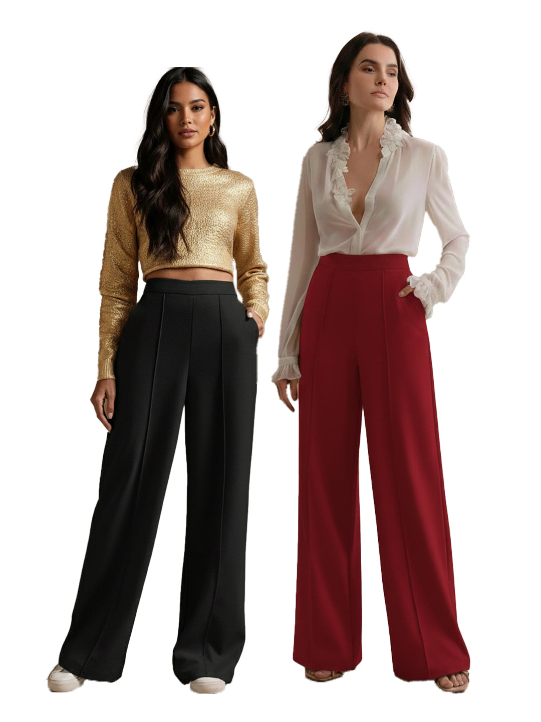 High-Waisted Burgundy Wide-Leg Pleated Trousers