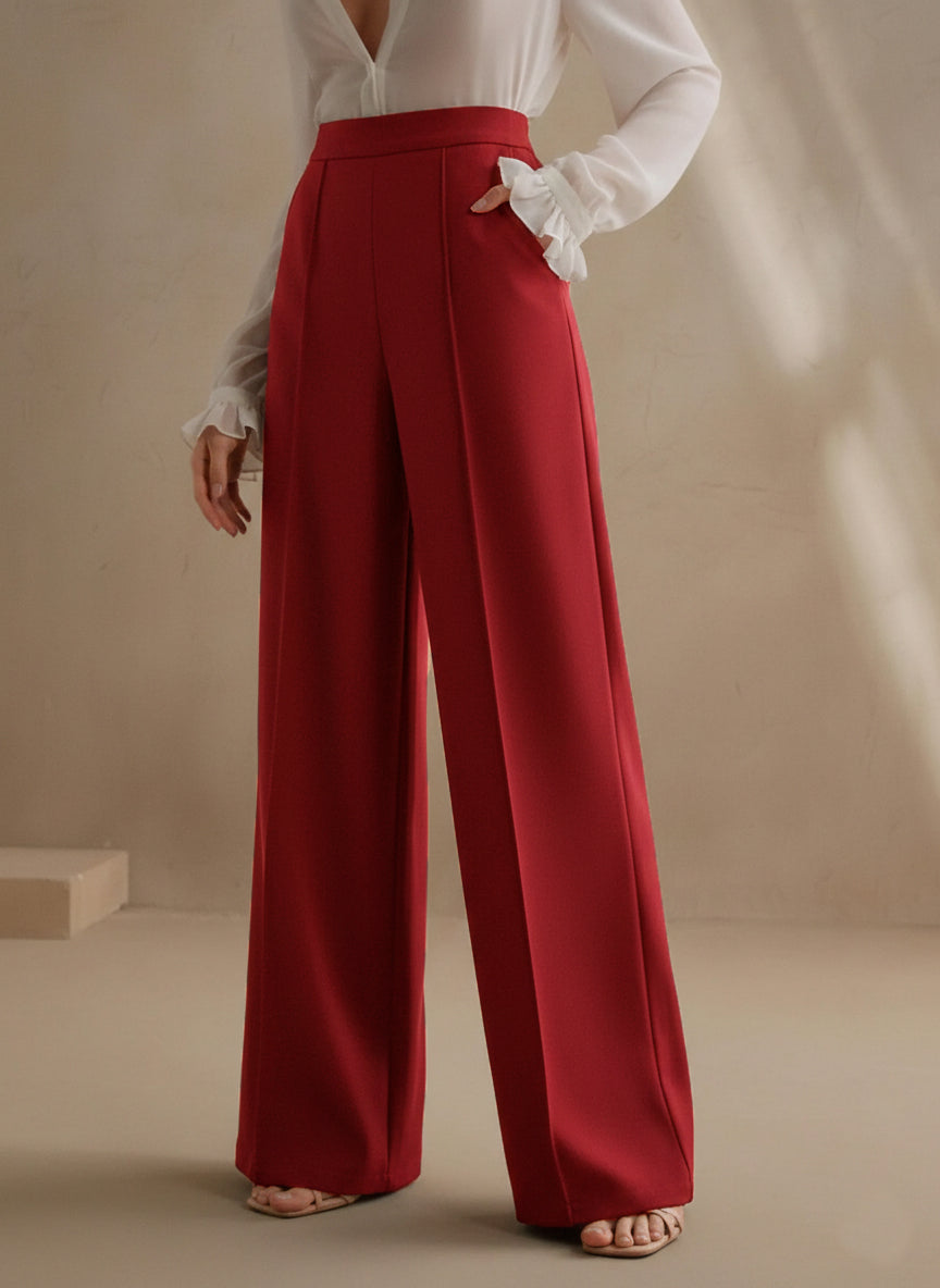 High-Waisted Burgundy Wide-Leg Pleated Trousers