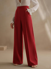 High-Waisted Burgundy Wide-Leg Pleated Trousers