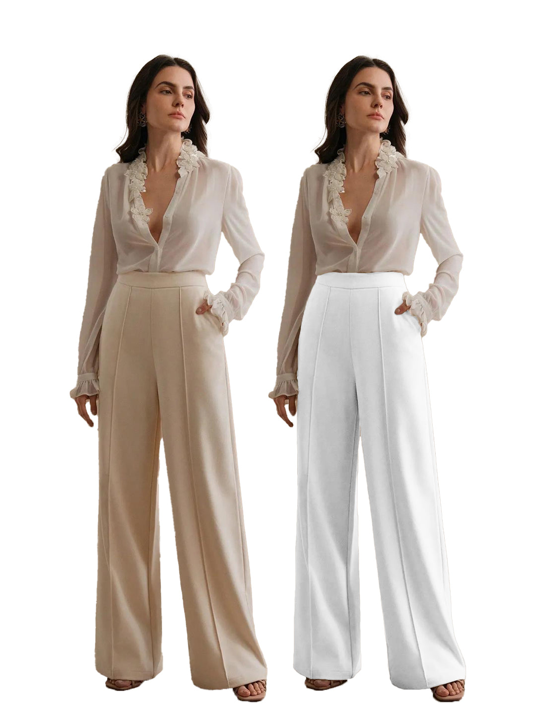 High-Waisted Ivory Wide-Leg Pleated Trousers