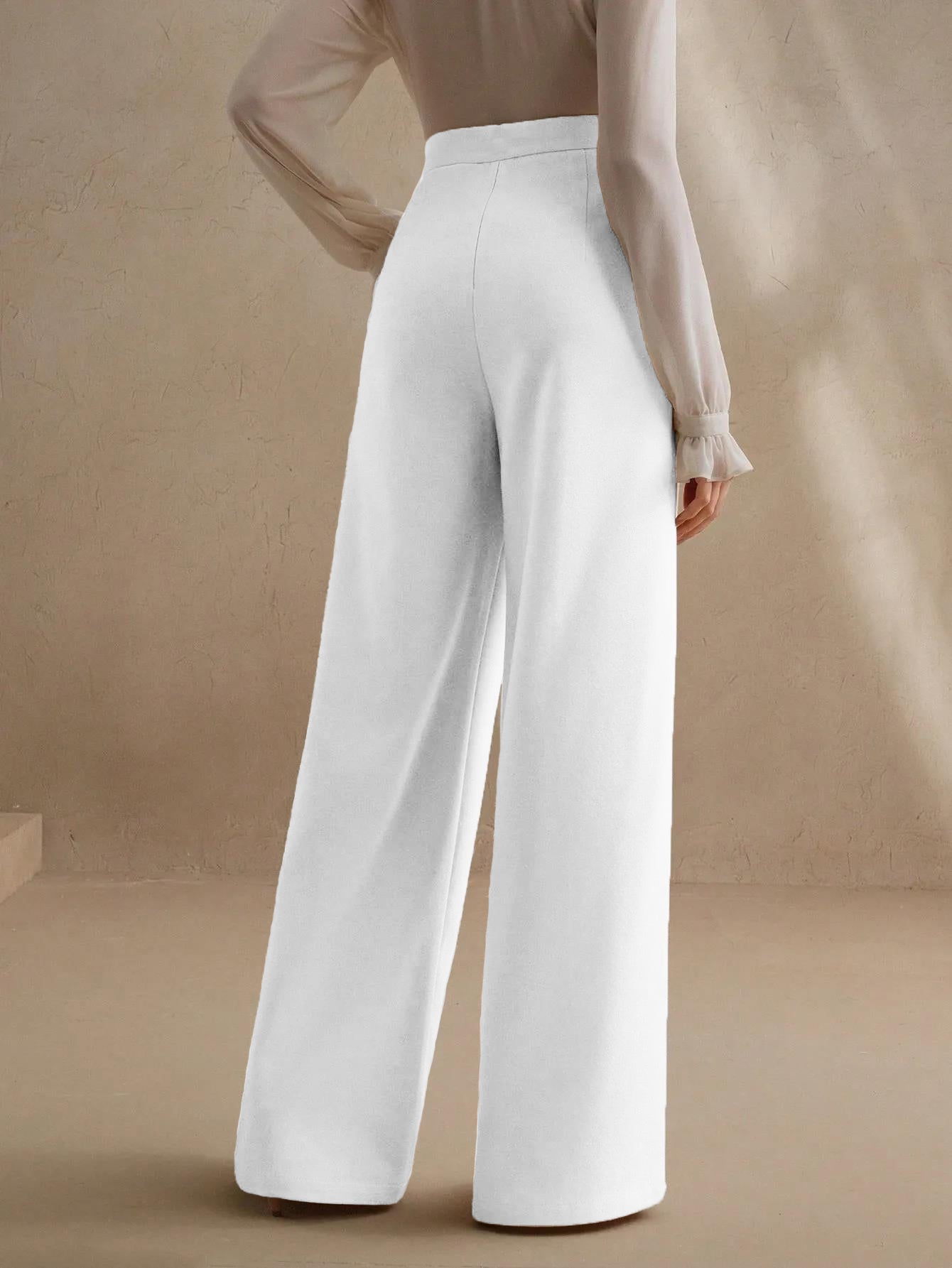 High-Waisted Ivory Wide-Leg Pleated Trousers