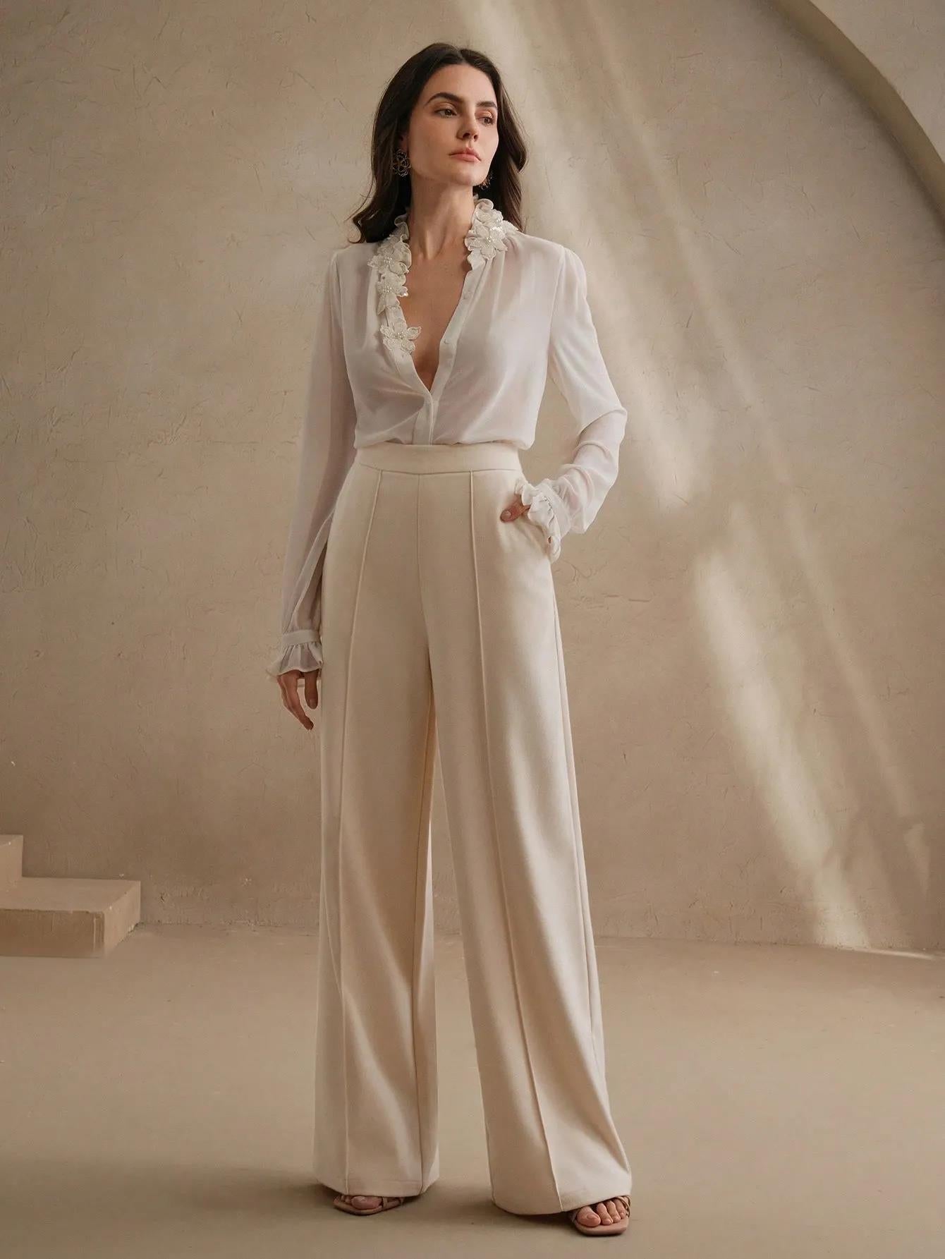 High-Waisted Ivory Wide-Leg Pleated Trousers