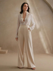 High-Waisted Ivory Wide-Leg Pleated Trousers