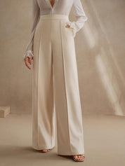High-Waisted Ivory Wide-Leg Pleated Trousers