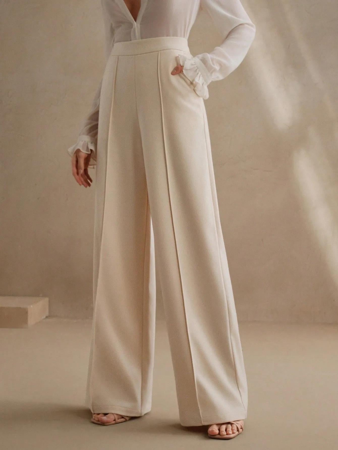 High-Waisted Ivory Wide-Leg Pleated Trousers