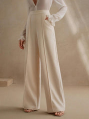 High-Waisted Ivory Wide-Leg Pleated Trousers
