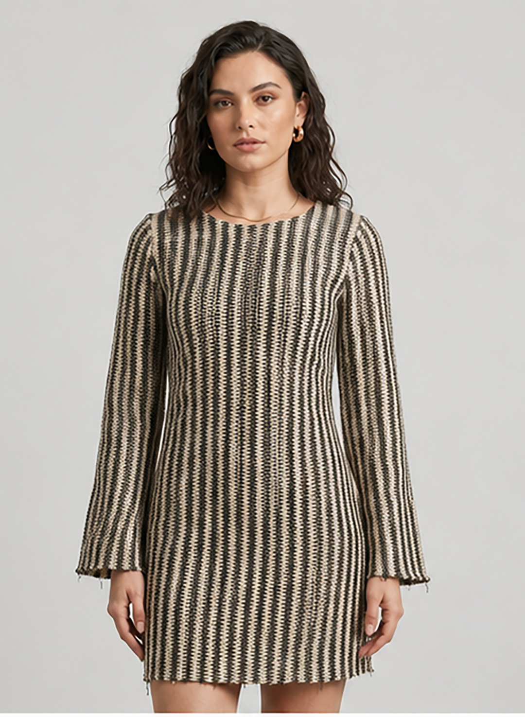 Black Beige Striped Bell Sleeve Mini Dress