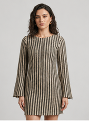 Black Beige Striped Bell Sleeve Mini Dress