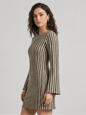 Black Beige Striped Bell Sleeve Mini Dress