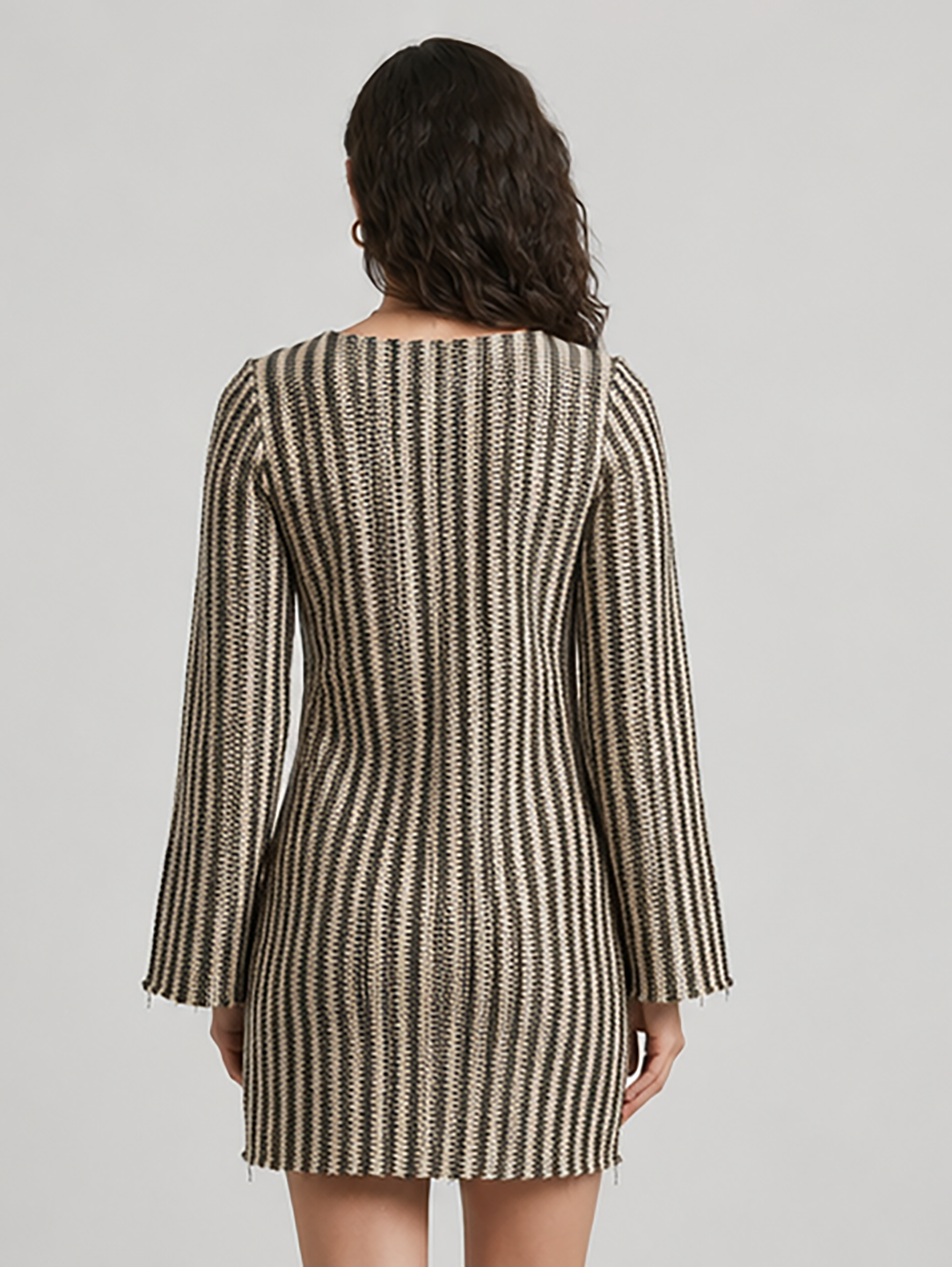 Black Beige Striped Bell Sleeve Mini Dress