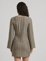 Black Beige Striped Bell Sleeve Mini Dress