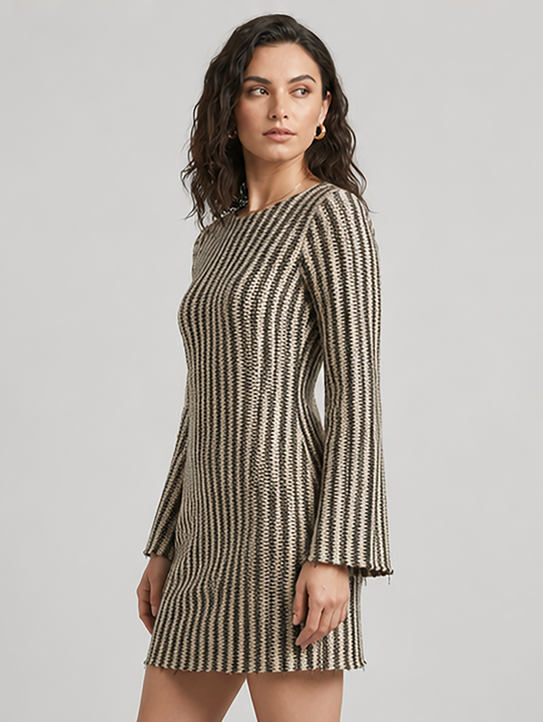 Black Beige Striped Bell Sleeve Mini Dress