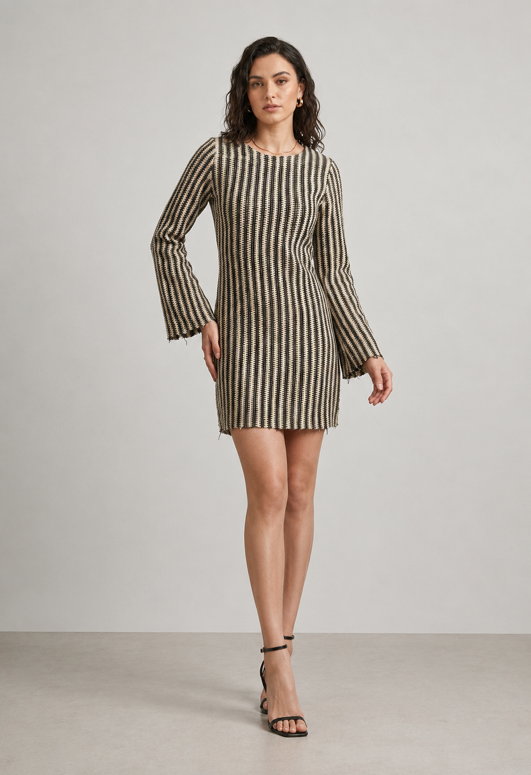 Black Beige Striped Bell Sleeve Mini Dress
