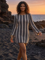 Monochrome Striped Bell Sleeve Mini Dress