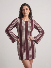 Burgundy Zigzag Crochet Bell Sleeve Dress