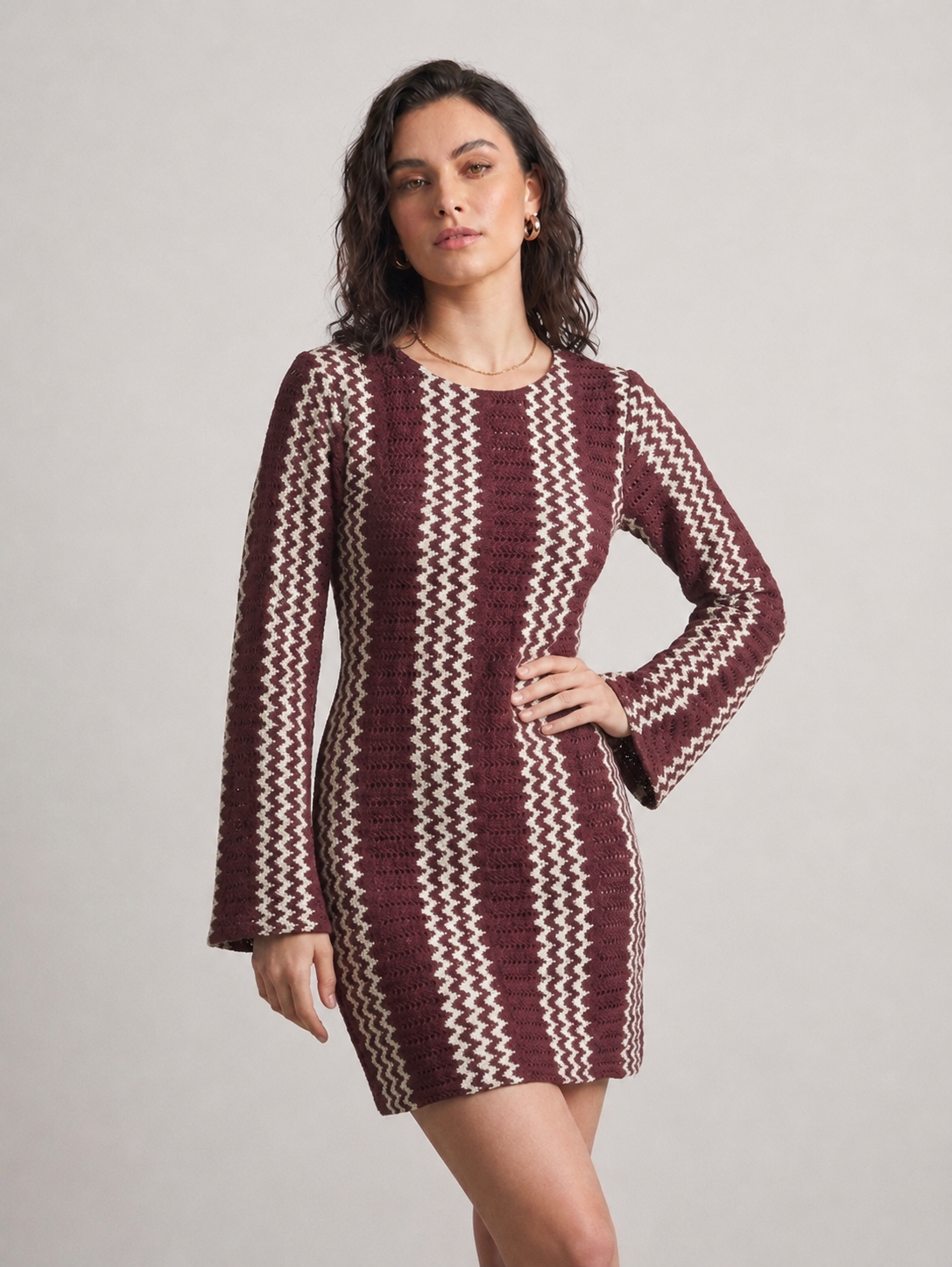 Burgundy Zigzag Crochet Bell Sleeve Dress