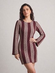 Burgundy Zigzag Crochet Bell Sleeve Dress
