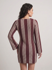 Burgundy Zigzag Crochet Bell Sleeve Dress