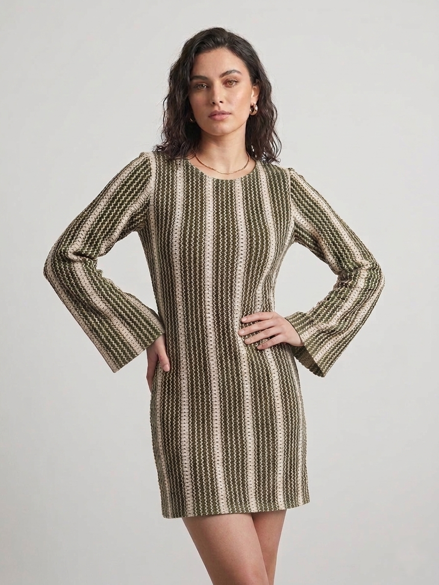 Olive Striped Crochet Puff Sleeve Dress