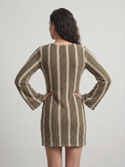 Olive Striped Crochet Puff Sleeve Dress