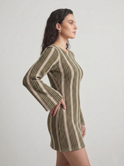 Olive Striped Crochet Puff Sleeve Dress