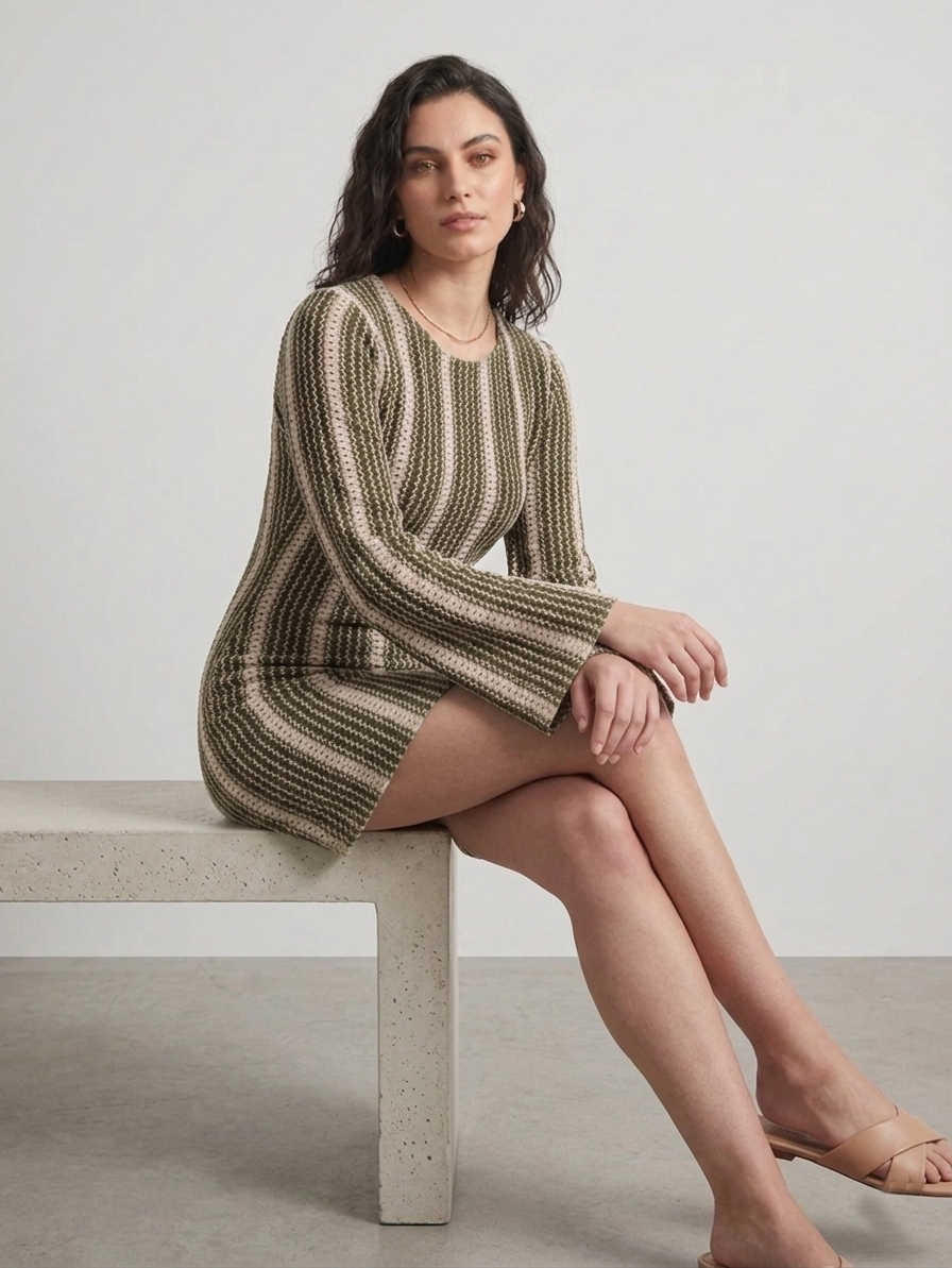 Olive Striped Crochet Puff Sleeve Dress