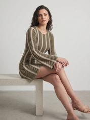 Olive Striped Crochet Puff Sleeve Dress
