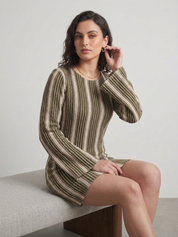 Olive Striped Crochet Puff Sleeve Dress
