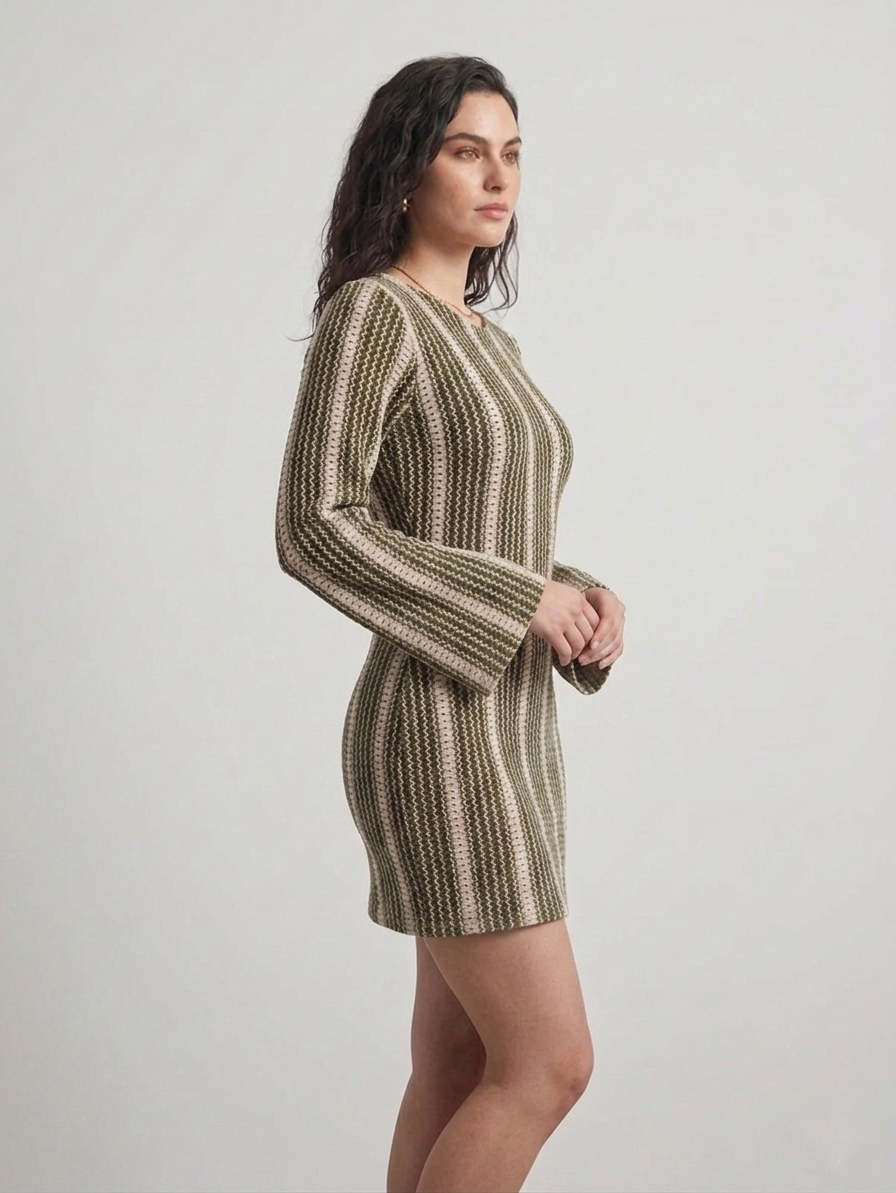 Olive Striped Crochet Puff Sleeve Dress