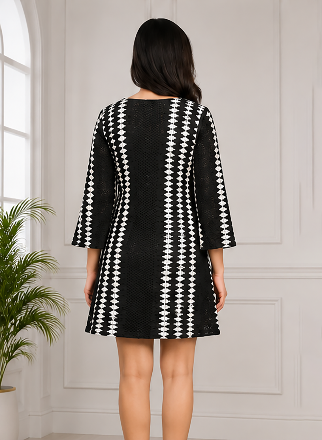 Black White Crochet Lace A-Line Dress