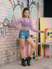 Purple Fishnet Long Sleeve Crop Top