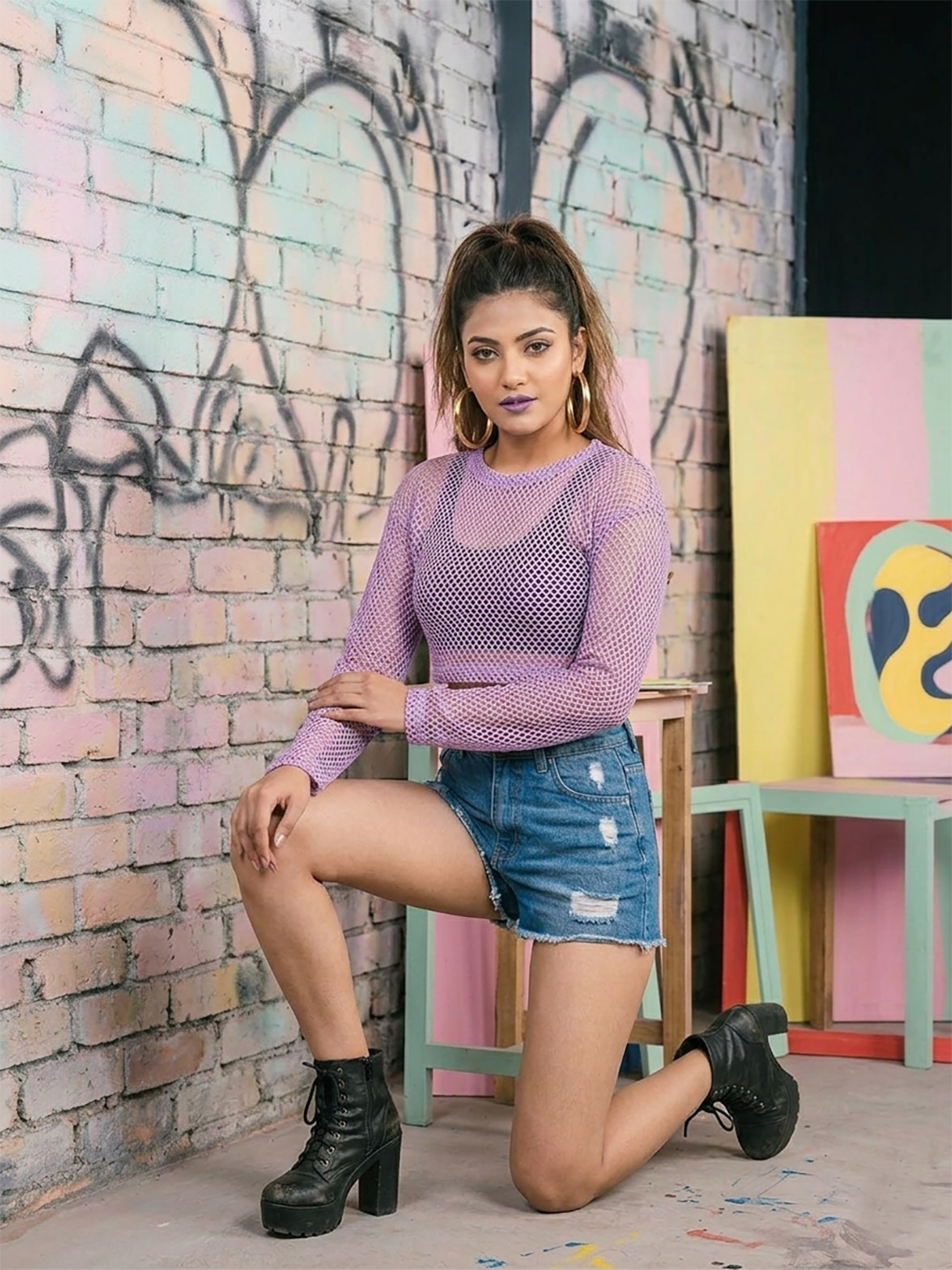 Purple Fishnet Long Sleeve Crop Top