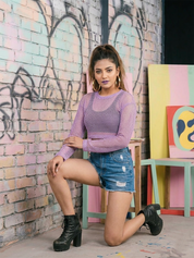 Purple Fishnet Long Sleeve Crop Top
