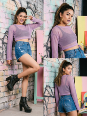 Purple Fishnet Long Sleeve Crop Top
