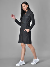 Kotty Black Casual Women Belted Denim Dress