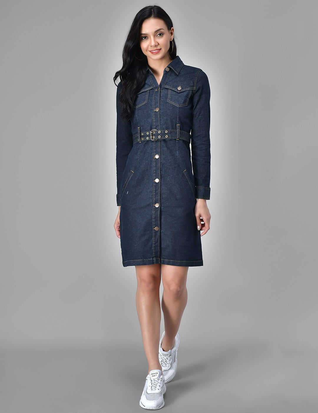 Kotty Dark Blue Casual Women Belted Denim Dress