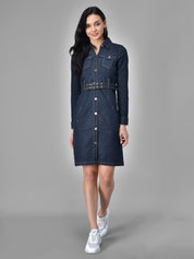 Kotty Dark Blue Casual Women Belted Denim Dress