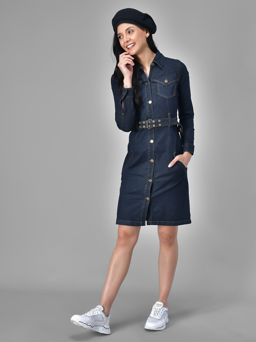 Kotty Dark Blue Casual Women Belted Denim Dress