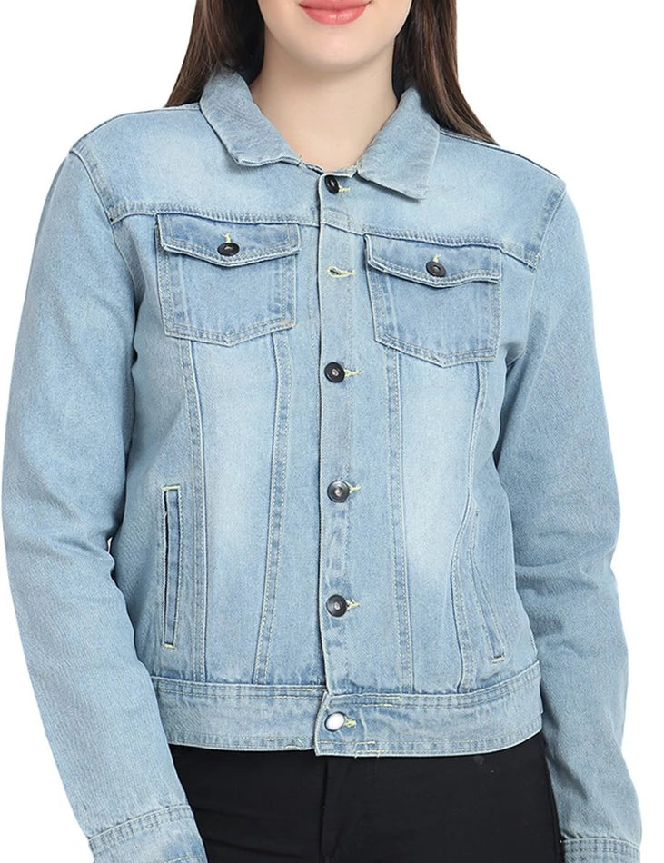 KOTTY Women's Solid Blue Pearl Long Sleeve Denim Jacket(Blue,L)-KTTDENIMJACKET162L