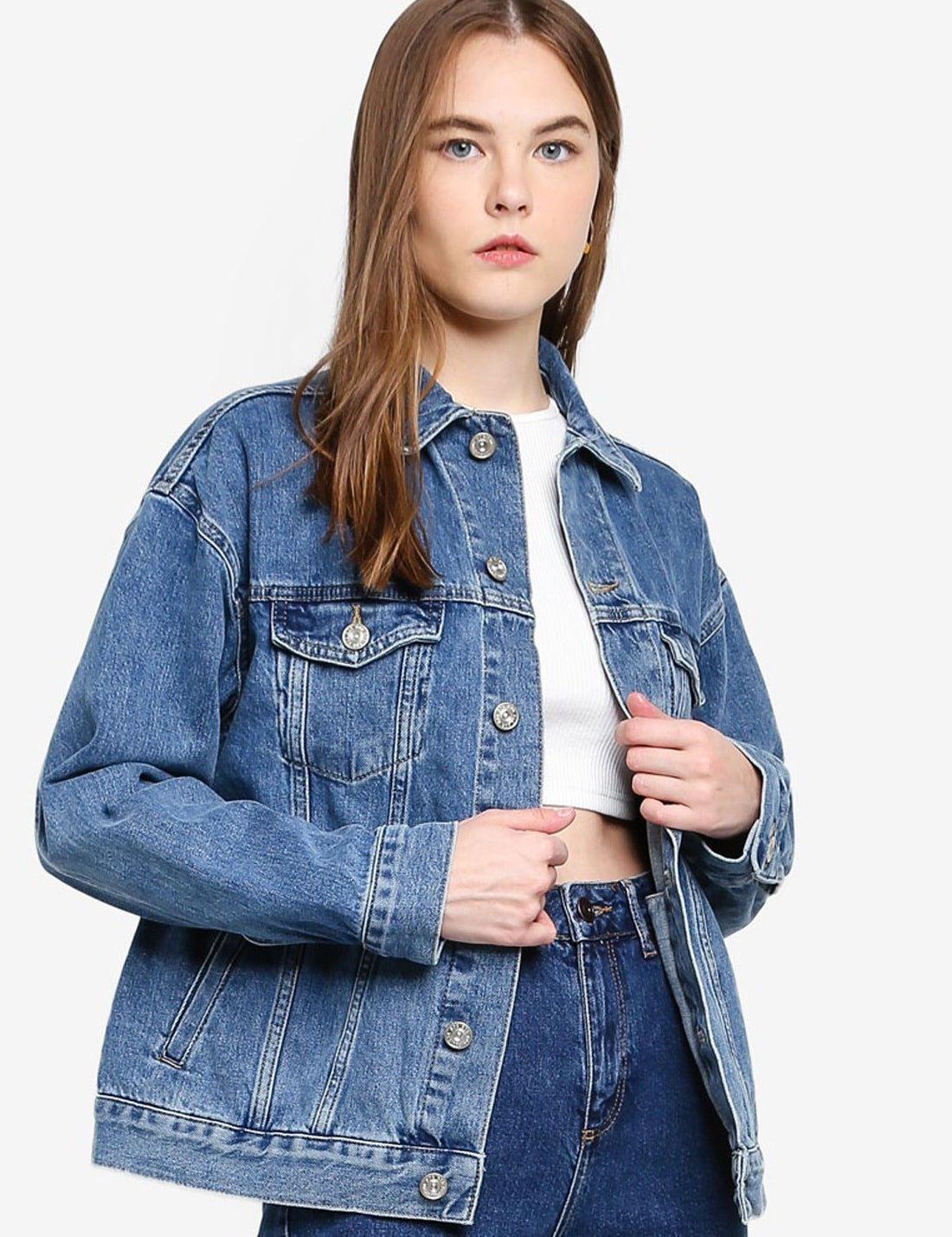 KOTTY Women Oversized Denim Jacket (Blue,Large)
