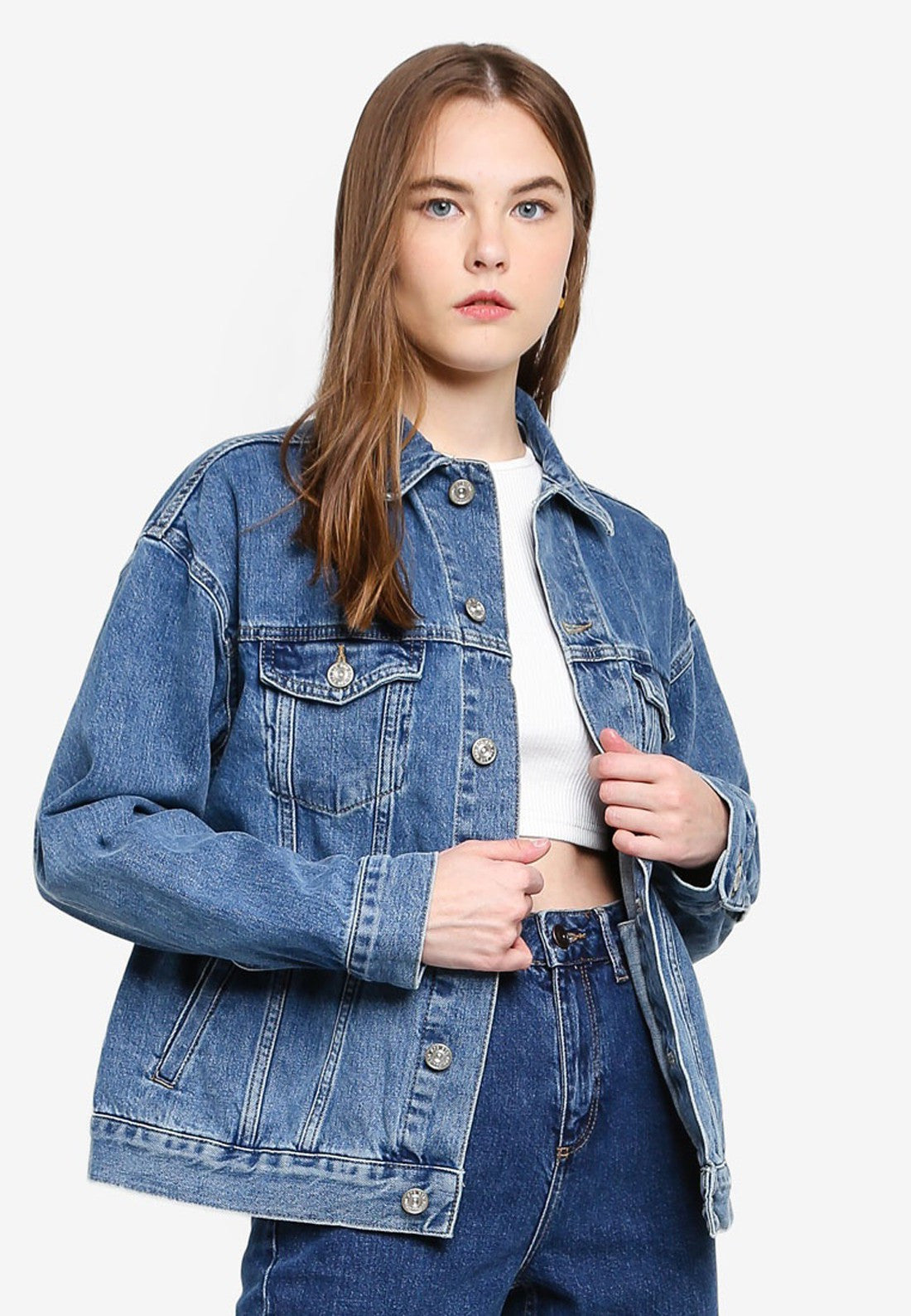 KOTTY Women Oversized Denim Jacket (Blue,Large)