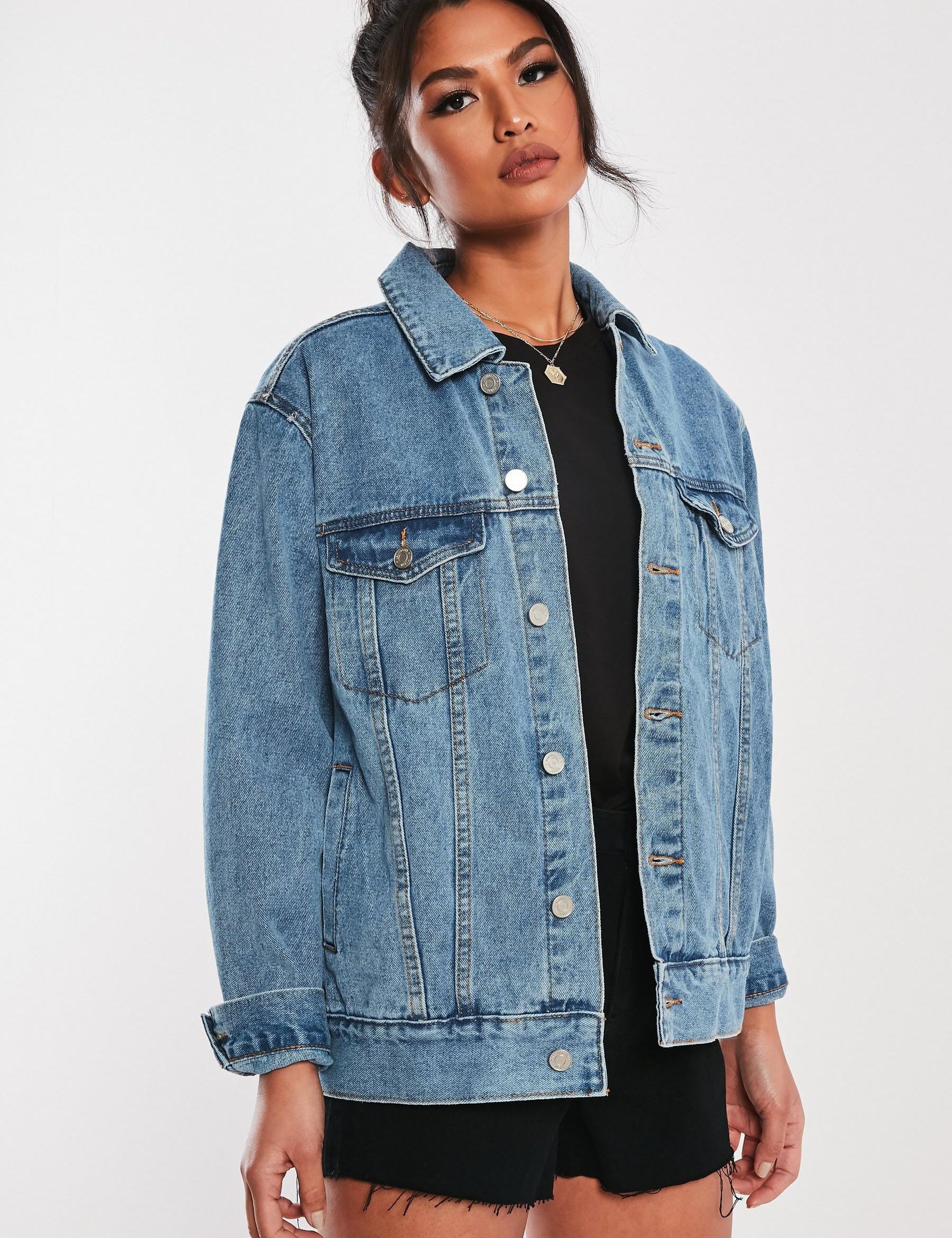 KOTTY Women Oversized Denim Jacket (Blue,Large)