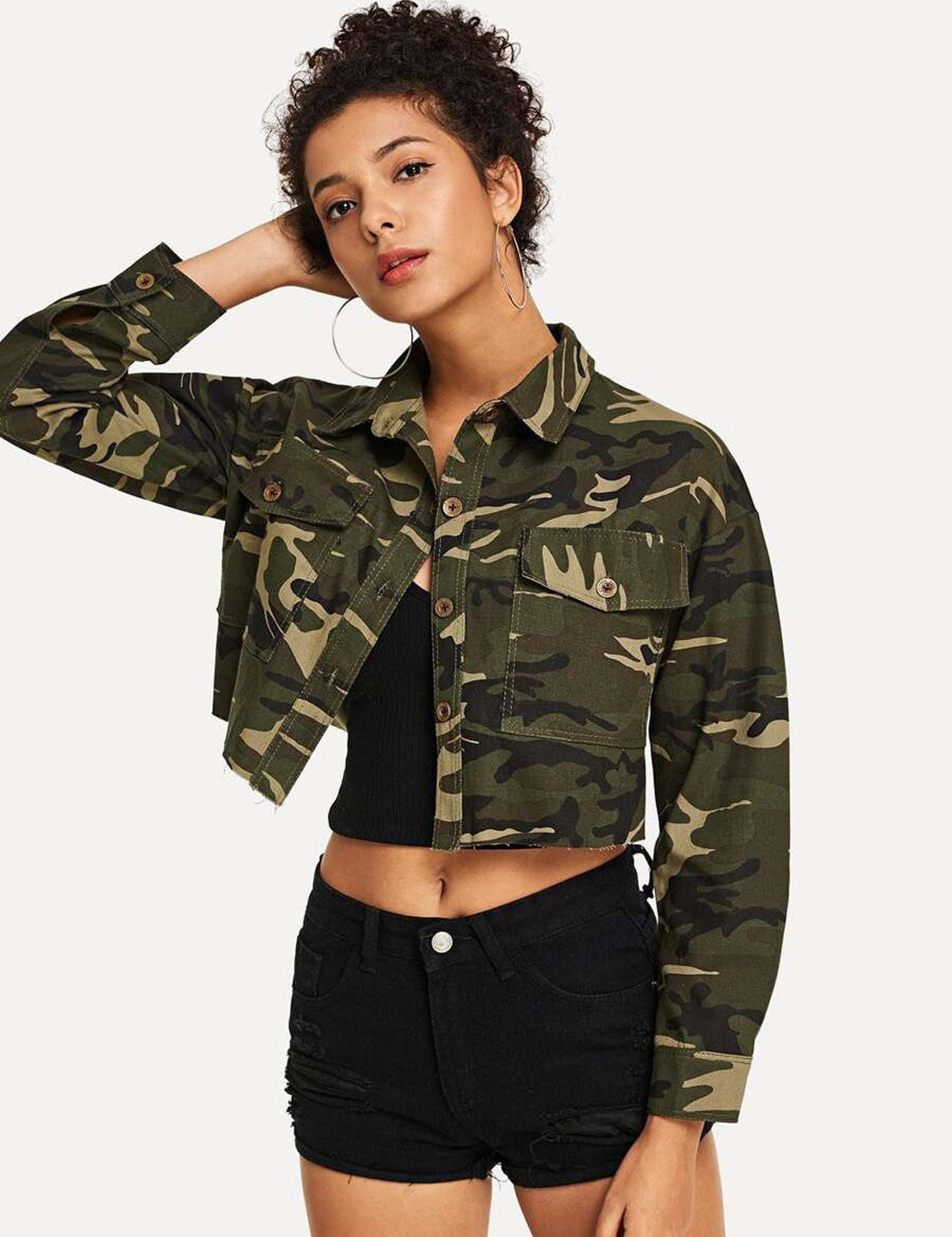 KOTTY Women Camouflage Regular Denim Jacket (Army Green_Large)