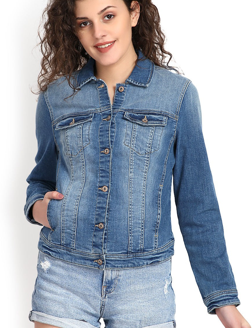 KOTTY Blue Solid Women Denim Jacket - KTTDENIMJACKET240L
