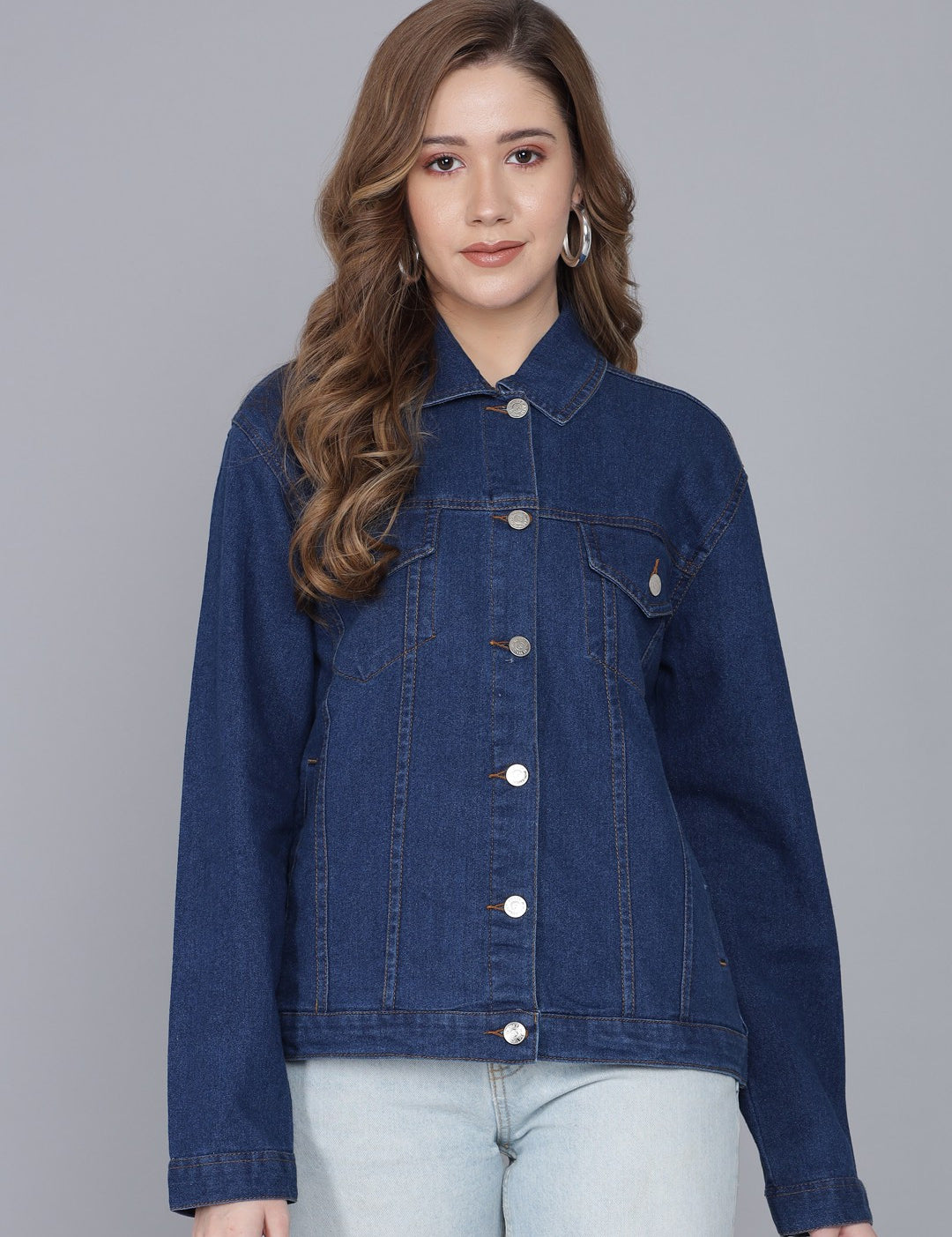 KOTTY Women Dark Blue Full Sleeve Solid Denim jacket (Dark Blue,38)