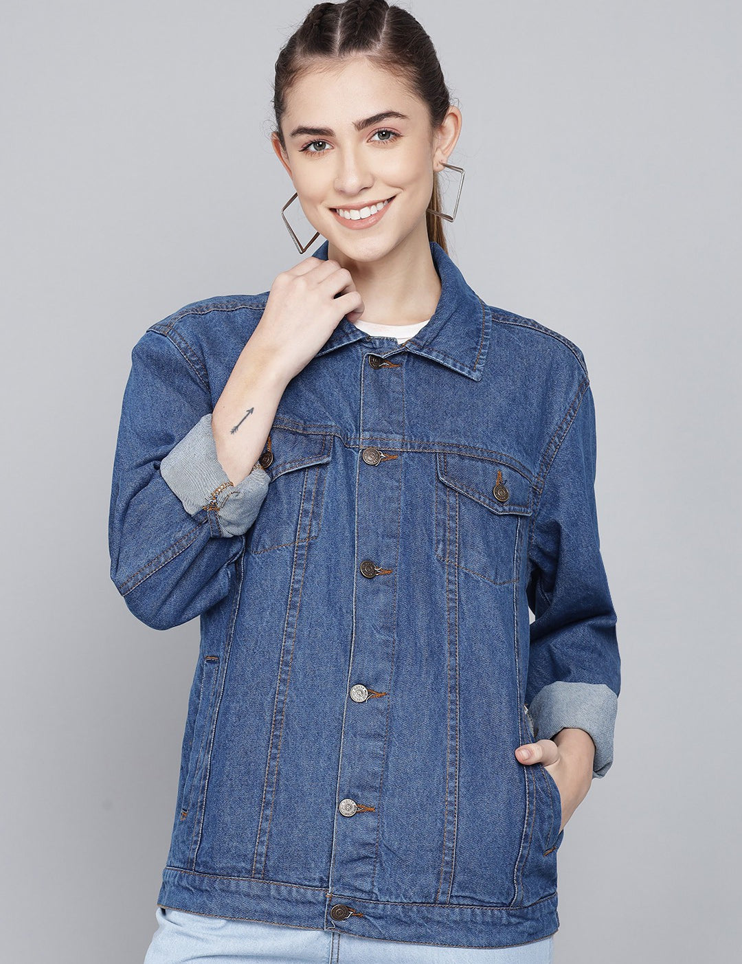 KOTTY Women Blue Full Sleeve Solid Denim jacket (Blue1,38)