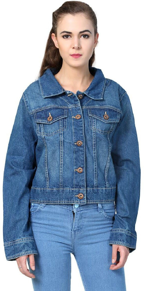 KOTTY Women's Solid Curious Blue Long Sleeve Denim Jacket(Blue,L)-KTTDENIMJACKET83L