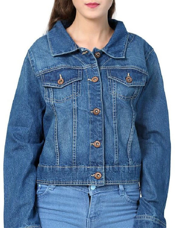 KOTTY Women's Solid Curious Blue Long Sleeve Denim Jacket(Blue,L)-KTTDENIMJACKET83L