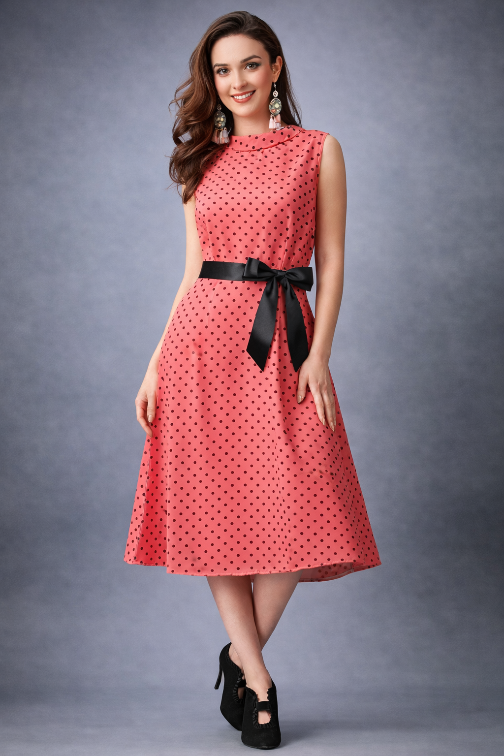 Polka Dot A-Line Sleeveless Midi Dress with Black Ribbon Belt